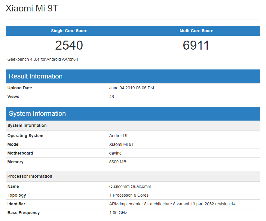 小米9T现身GeekBench：坐实就是红米K20