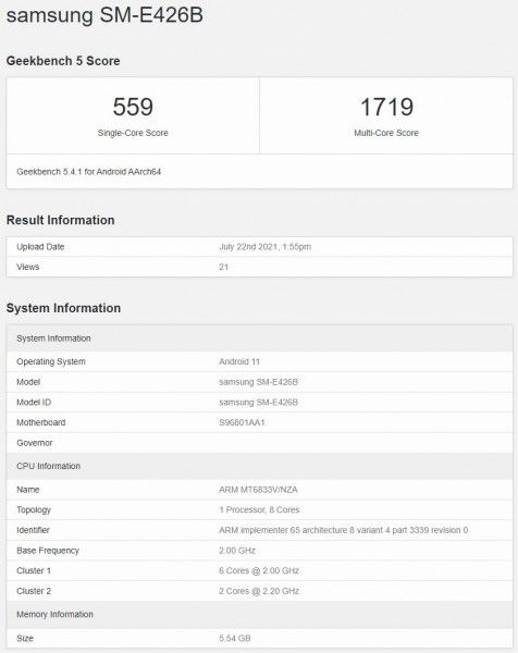 三星Galaxy F42 5G现身GeekBench：联发科Dimensity 700+6GB内存